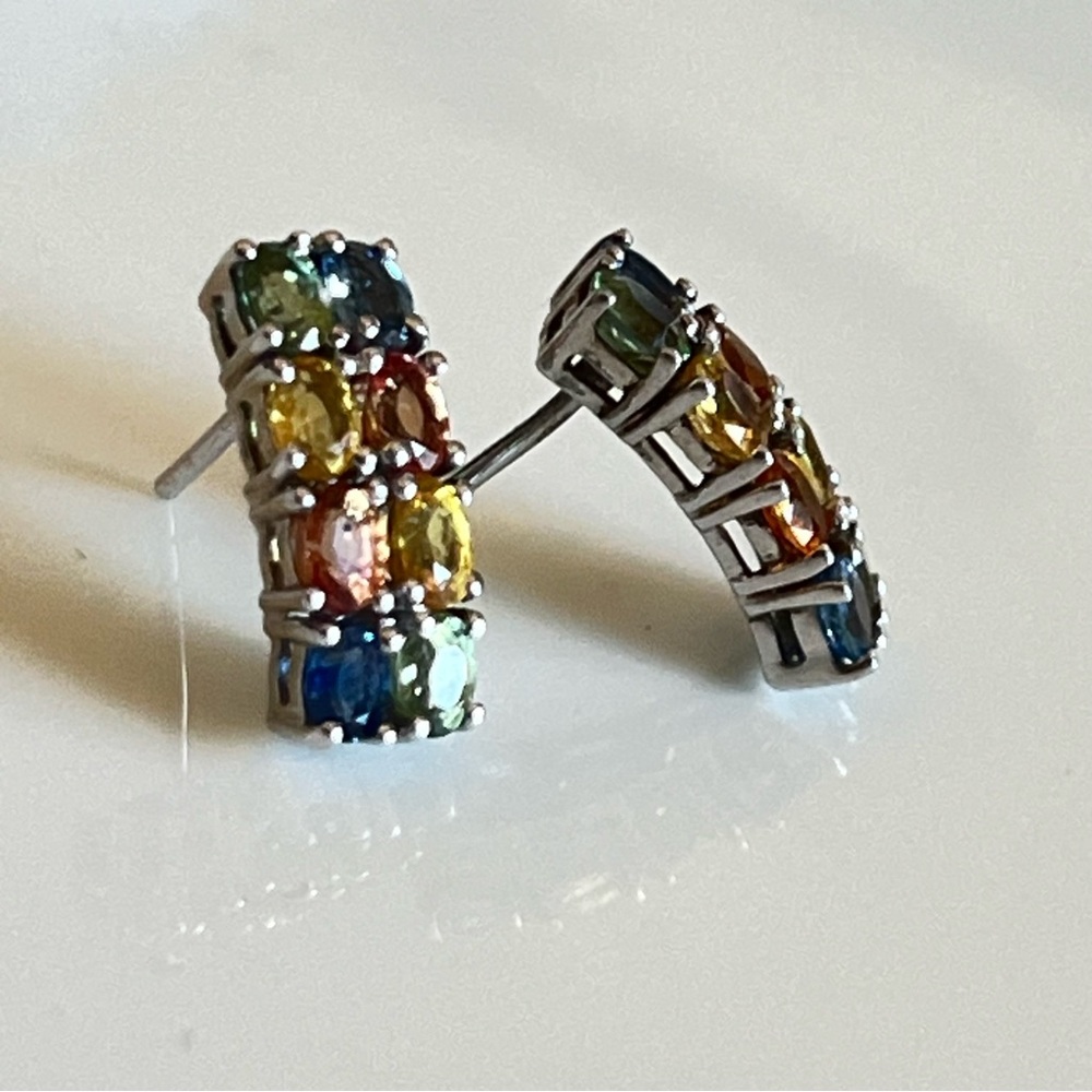 Rainbow Sapphire Huggie Earrings 925 Sterling Silver Multi-Color Gemstone Hoops - Picture 3 of 9